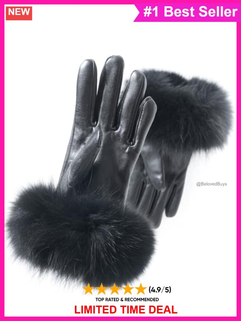 Real Fox Fur Cuff Lambskin Leather Touchscreen Winter Gloves